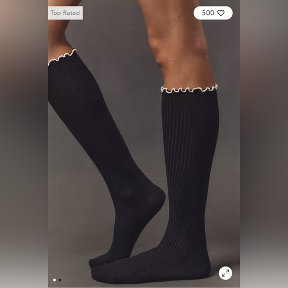 Black Ribbed Knee High Socks with White Ruffle - Picture 2 of 4